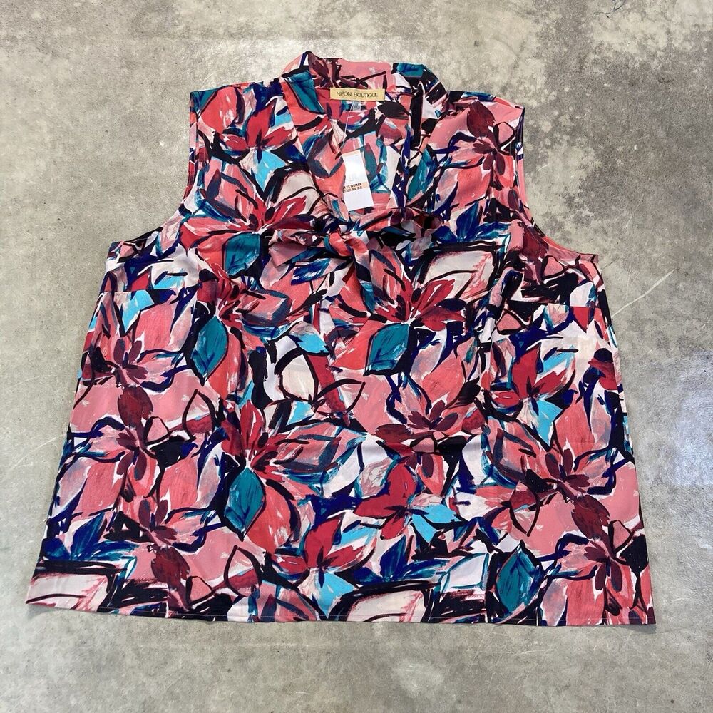 Nipon Boutique Blouse Womens 2X Multicolor Flamingo‎ Sleeveless Office Tie Neck